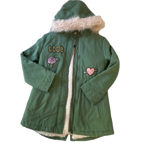 Place Girls Green Fur Lined 2 Pocket Long Jacket Sz L 10/12 - Picture 5 of 6